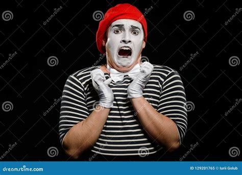 Frightened Male Mime On Black Stock Image Image Of Expression Look