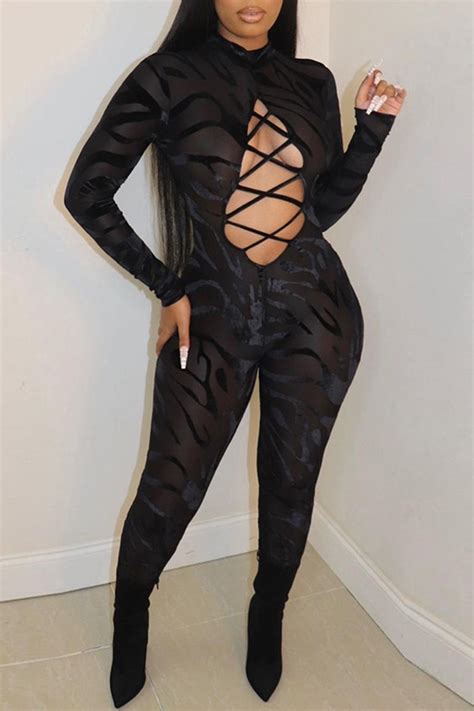 fashion black fashion sexy patchwork hollowed out see through half a turtleneck skinny jumpsuits