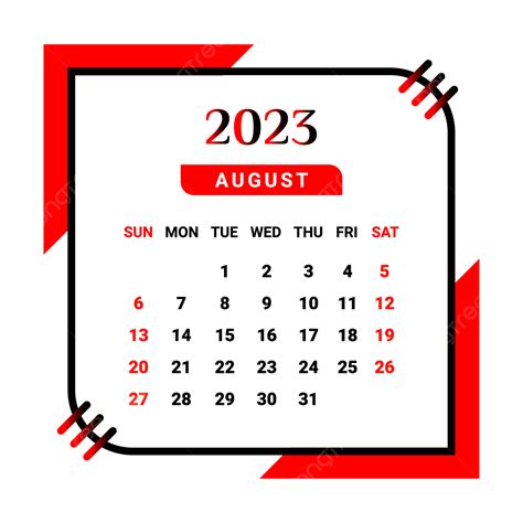 Calendrier Du Mois Daoût 2023 Avec Noir Et Rouge Png Calendrier