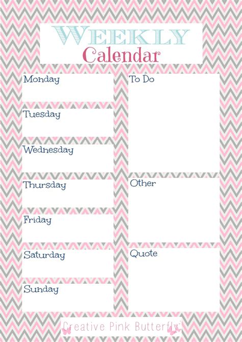 Weekly Calendar Printable 1 Page Creative Pink Butterfly