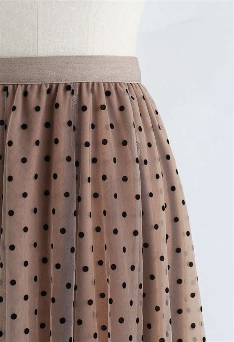 Full Polka Dots Double Layered Mesh Tulle Skirt In Caramel Retro