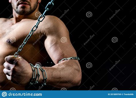 Naked Torso Man With Chain On Hand Broken Chain Freedom Concept Brutal Man Bodybuilder