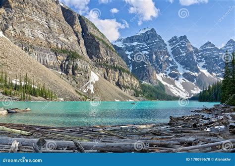 Turquoise Waters Of Beautiful Moraine Lake Snow Covered Rocky