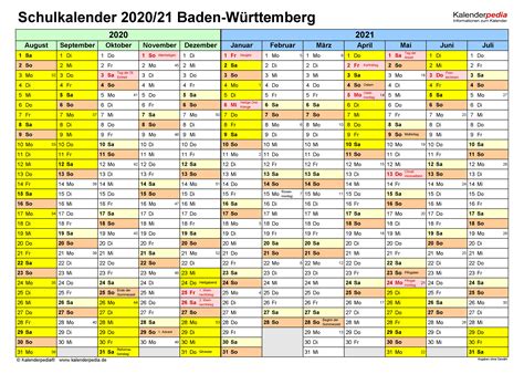 Hier finden sie den kalender 2021 mit nationalen und anderen feiertagen für deutschland. Schulkalender 2020/2021 Baden-Württemberg für PDF