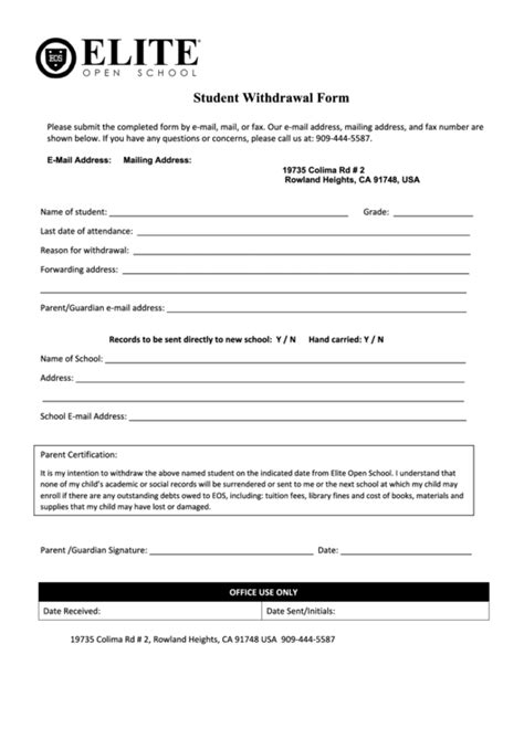 Fillable Student Withdrawal Form Elite Open School Printable Pdf Download