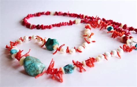 Natural Gem Necklace Turquoise Red Coral By ClassyTouchByValia