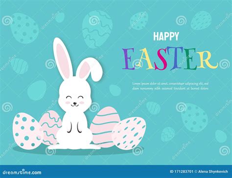 Happy Easter Illustration White Rabbit Bunny On Blue Background Stock