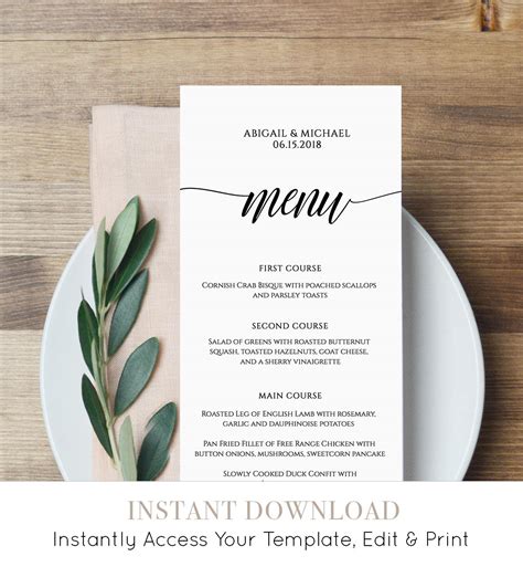 Menu Card Template Rustic Dinner Menu Wedding Menu Card Printable