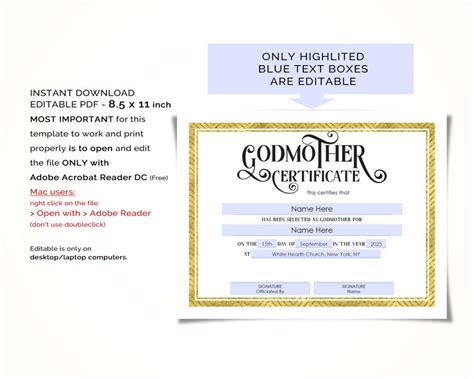 Editable Godmother Certificate Template Printable Baptism