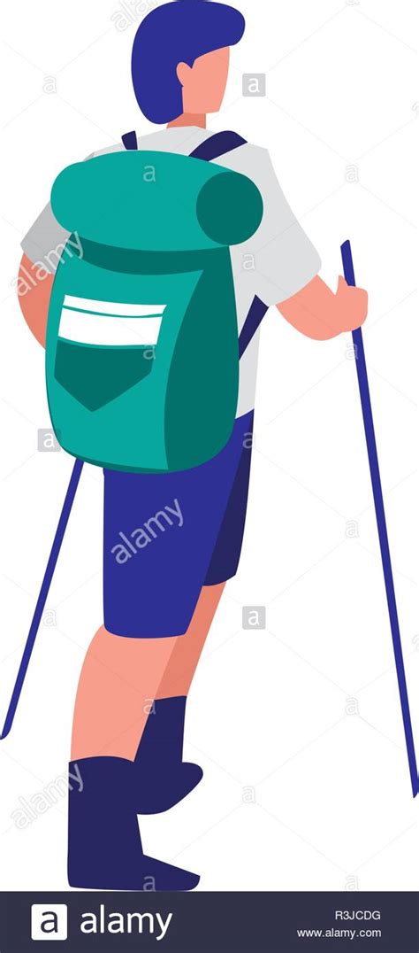 Hiking Man With Rucksack And Sticks Over White Background Vector