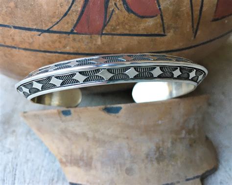 Signed Navajo Sterling Silver Stacking Bracelet for Women Small Wrist