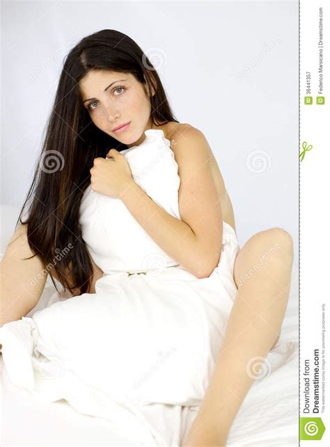 Portrait Of Beautiful Naked Lady Covered With Pillow Stock Image Image Of Brunette Adult