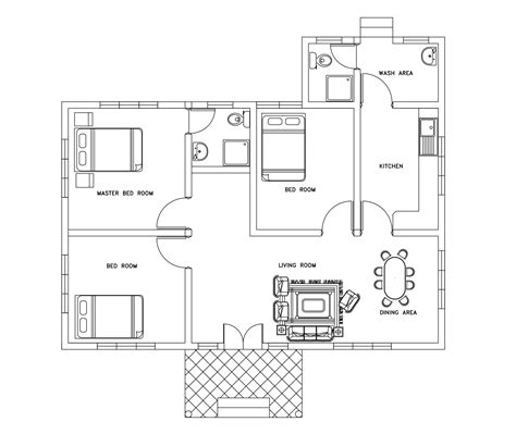 Single Story Three Bed Room Small House Plan Free Download With Dwg Cad File From Dwgnet Website