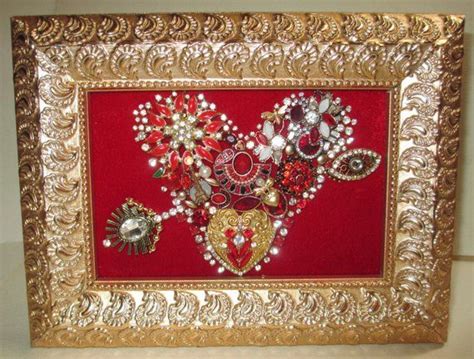 Jeweled Framed Jewelry Art Valentine Heart Red Gold Vintage Detailed