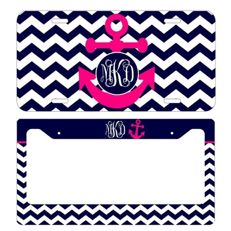 Monogrammed License Plate And Frame Set Pink Anchor Navy Blue Chevron