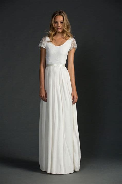 Simple White Wedding Dress With Cap Sleeves Scoop Neck And Ribbon