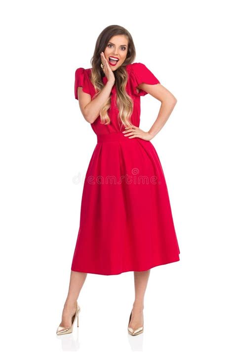 Surprised Elegant Woman In Red Dress And High Heels Stock Image Image