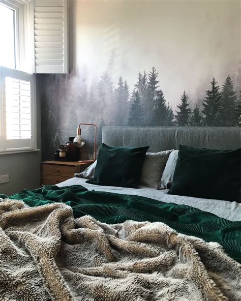 Forest Mural Bedroom Moody Bedroom With Grey Washed Linen Bedding