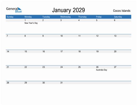 Editable January 2029 Calendar With Cocos Islands Holidays