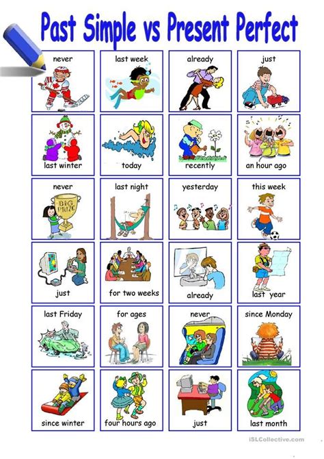 Past Simple And Present Perfect Worksheet With Pictures On The Same Page For Each Subject