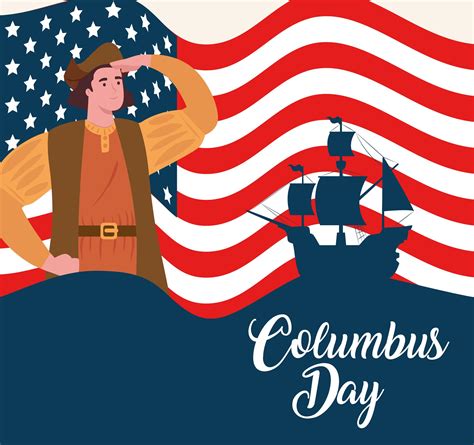 happy columbus day celebration banner with christopher columbus and usa flag 2039131 vector art