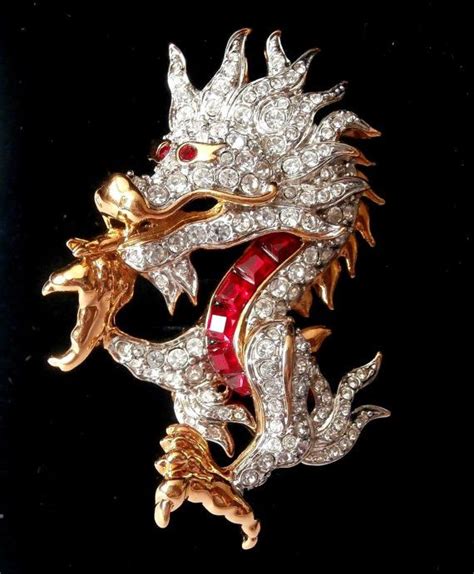 Swarovski Dragon Brooch Rhodium Set With Red And Pave Swarovski