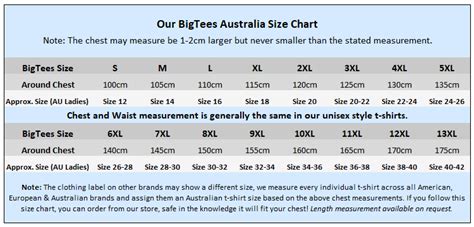 Our Bigtees Australia Size Chart Use Our Simple Size Chart To Buy