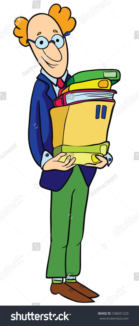 Vector Illustration Cartoon Librarian With A Box And Pile Of Books On