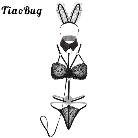 Tiaobug Women Bunny Roleplay Erotic Lingerie Rabbit Sexy Costumes Black Sheer Lace G String