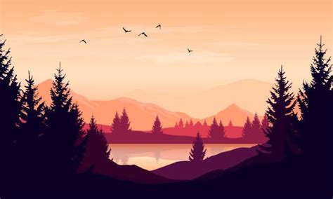 Vector Cartoon Sunset Landscape With Orange Sky Silhouettes Of