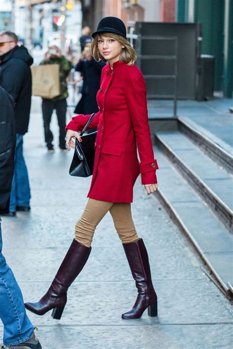 Taylor Swifts Red Coat And Knee High Boots Are Amazing