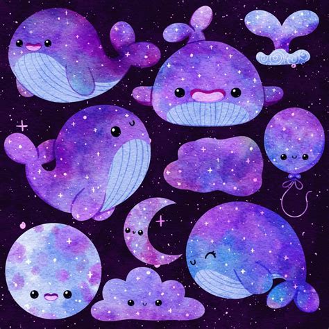 Cute Kawaii Printable Galaxy Whale Clipart Commercial Use Etsy In