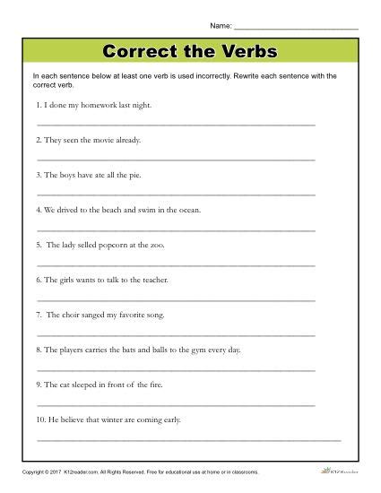 6th Grade Verb Worksheets