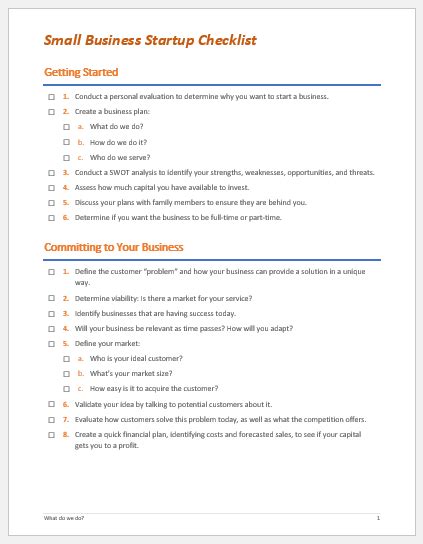 Small Business Startup Checklist For Word Download Samples