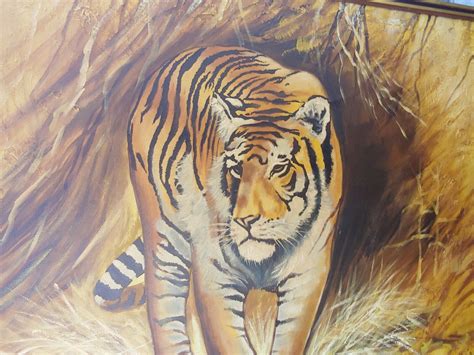 VINTAGE TIGER ORIGINAL OIL PAINTING ON CANVAS SIGNED BY R DELONGPRIE