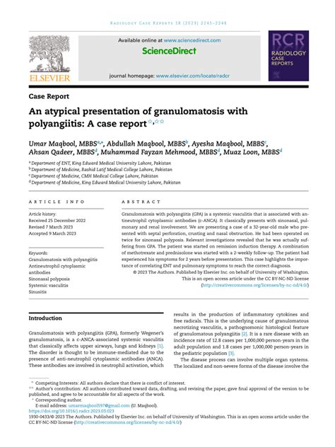 Pdf An Atypical Presentation Of Granulomatosis With Polyangiitis A