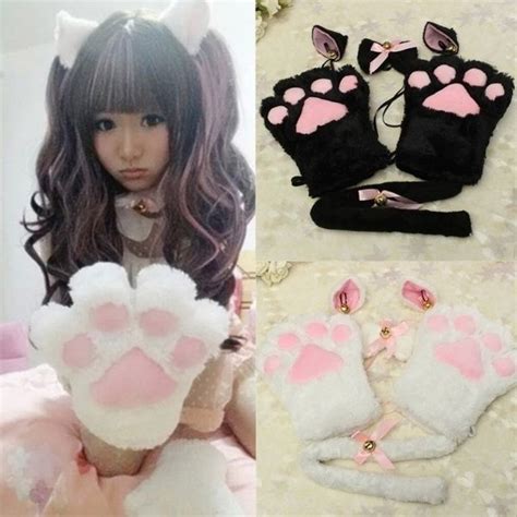 Set Anime Cosplay Costume Cat Ears Plush Paw Claw Gloves Tail Bow Tie Cosplay Anime Cosplay