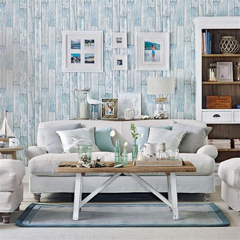 Coastal Living Room With Wood Effect Wallpaper Living Room Decorating Ideal Home