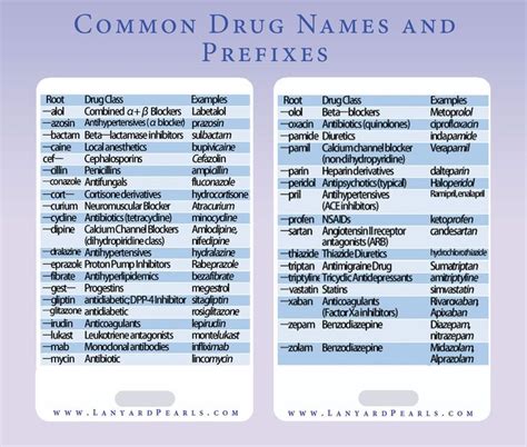Drug Medication Names Prefixes Suffixes Medical Reference Card