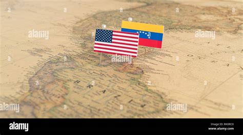 Flaggen Der Usa Und Venezuela Auf Der Weltkarte Konzeptionelle Foto