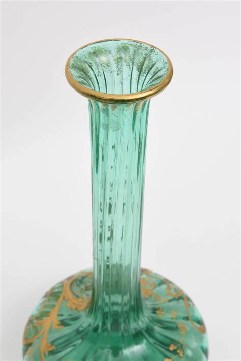 Pair Of 19th Century Moser Gilt Encrusted Green Glass Vases For Sale At 1stdibs