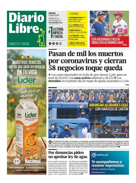 Portada Periódico Diario Libre Jueves 23 De Julio 2020 Dominicanado