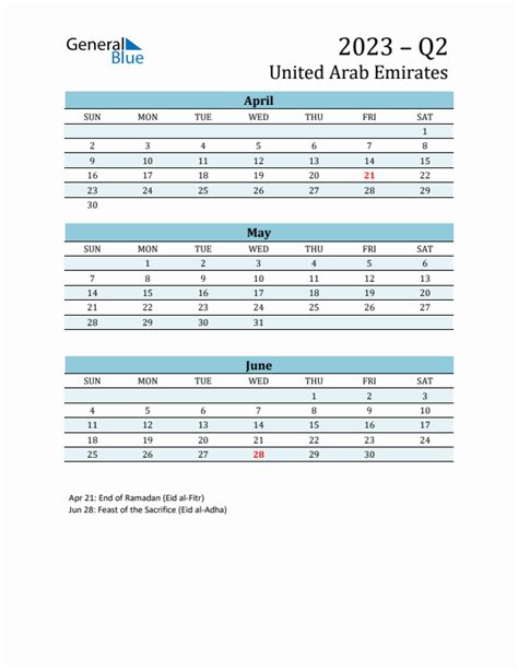 Q2 2023 Quarterly Calendar With United Arab Emirates Holidays Pdf