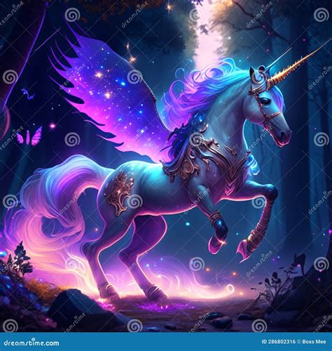 Magic Unicorn In The Night Forest Fairy Tale Stock Illustration