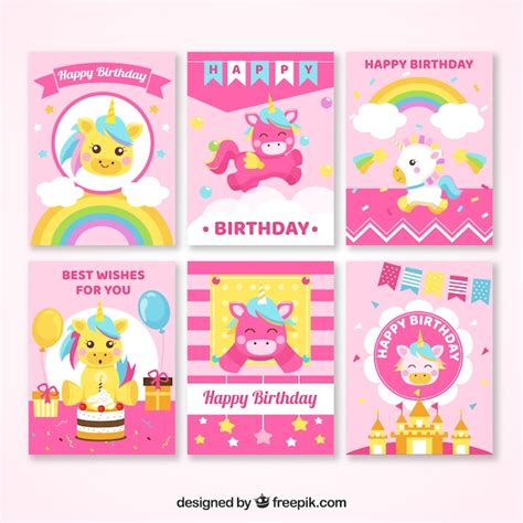 6 Pink Birthday Cards With Unicorns Vector Free Download