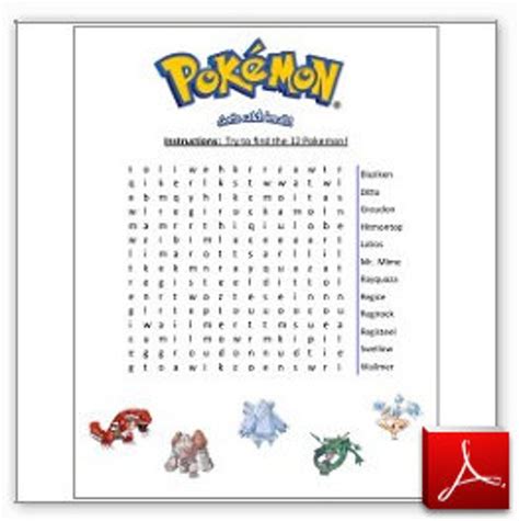 Printable Pokemon Wordsearch Game Instant Download