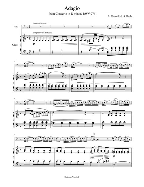 Adagio From Concerto In D Minor Bwv 974 By Amarcello Jsbach For Tuba And Orgel Sheet Music
