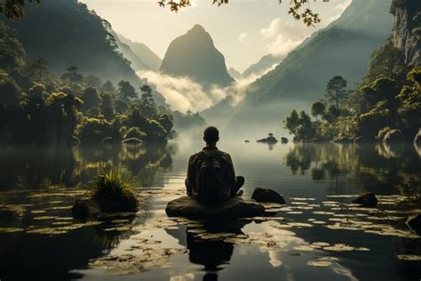 Premium Ai Image Man Meditating Yoga At Sunset Mountains Travel