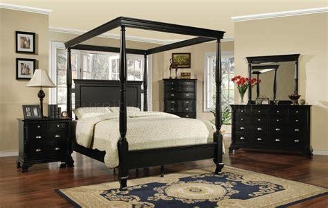 Solid wood posts , head & footboard. Black Transitional 6 Pc Canopy Bedroom Set