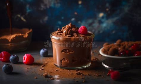 Glass Jar Filled With Chocolate Pudding And Topped With Raspberries And